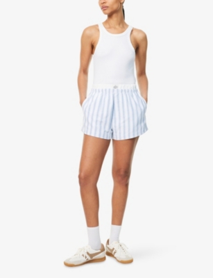 The Couture Club Womens Blue Stripe-print Double-waistband Cotton-blend Shorts