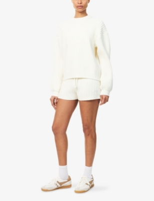 The Couture Club Womens Beige Emblem-appliqué Mixed-knit Jumper