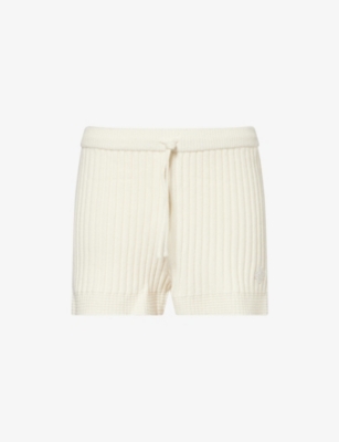 The Couture Club Womens Beige Emblem-appliqué Ribbed Knit Shorts