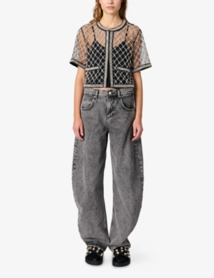 MAJE: Bead-Embroidered Short-Sleeve Tulle Top