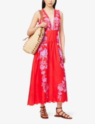 Farm Rio Womens Porcelain Garden Red Porcelain Garden V-neck Linen Midi Dress Xs In Red