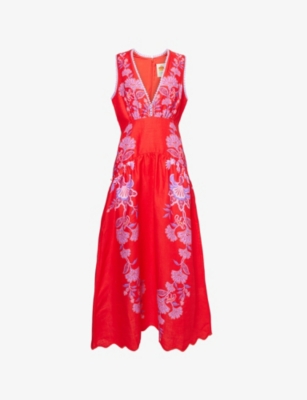 Farm Rio Womens Porcelain Garden Red Porcelain Garden V-neck Linen Midi Dress Xs In Red