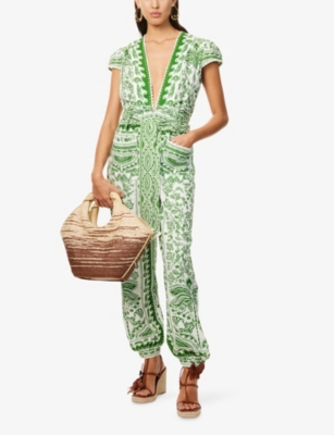FARM RIO: River Ride Belted Linen-Blend Jumpsuit