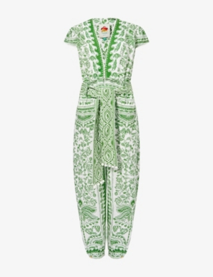 FARM RIO: River Ride Belted Linen-Blend Jumpsuit