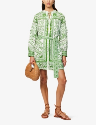 FARM RIO WOMENS RIVER RIDE GREEN RIVER RIDE BELTED LINEN-BLEND MINI DRESS 