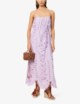 Shop Farm Rio Womens Lilac Richelieu Embroidered Linen-blend Maxi Dress Xs