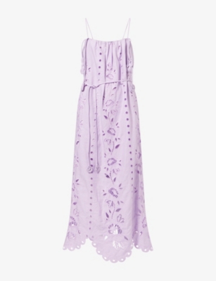 Shop Farm Rio Womens Lilac Richelieu Embroidered Linen-blend Maxi Dress Xs