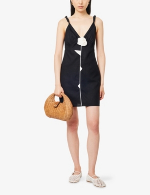 FARM RIO: Rose Pipping V-Neck Linen-Blend Mini Dress