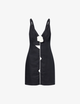 FARM RIO: Rose Pipping V-Neck Linen-Blend Mini Dress
