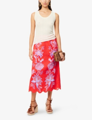 Farm Rio Porcelain Garden Embroidered Scallop-hem Midi Skirt