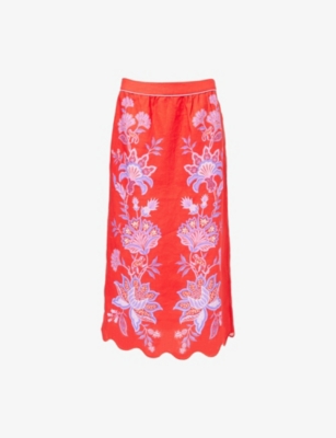 Farm Rio Porcelain Garden Embroidered Scallop-hem Midi Skirt