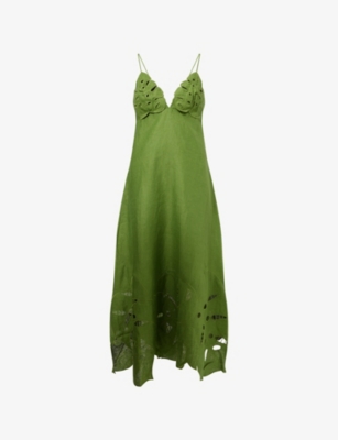 FARM RIO: Monstera Embroidered Linen Midi Dress