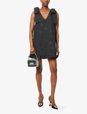 Sister Jane Womens Bateau Bow Jacquard Woven Mini Dress Black Xs