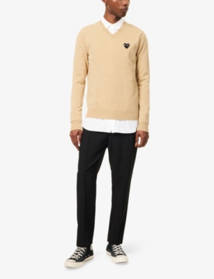 Comme Des Garçons Play Mens Light Camel Heart-appliqué Crewneck Wool Knitted Jumper