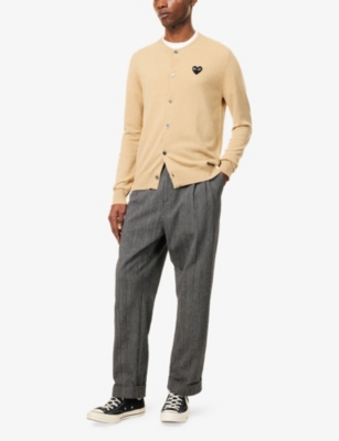 Comme Des Garçons Play Mens Light Camel Logo-embroidered Crewneck Wool Cardigan