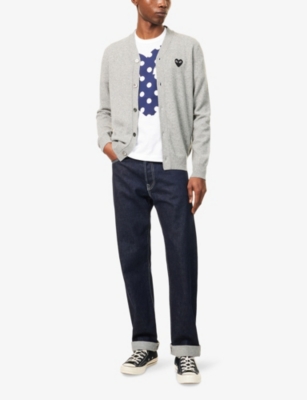 Comme Des Garçons Play Mens Light Grey Logo-embroidered V-neck Wool Cardigan