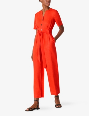 Whistles Womens Fiona Short-sleeved Linen Jumpsuit Red