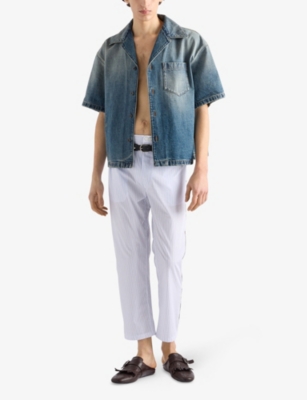 PRADA: Logo-Embellished Denim Bowling Shirt