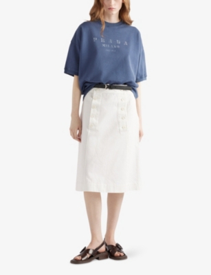 Prada Womens Blue Logo-print Short-sleeve Cotton-jersey Sweatshirt In Blue