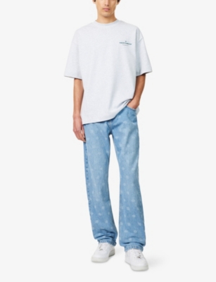 The Couture Club Mens Laser Print Emblem Straight-leg Denim Jeans Bluewash