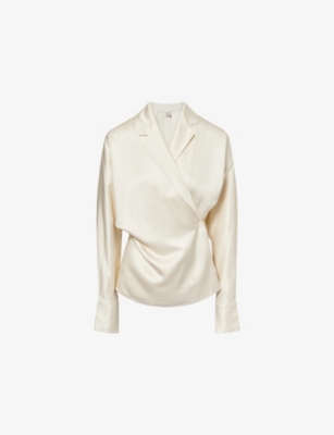 Totême Womens Ecru Wrap Notch-lapels Woven Blouse In Sand