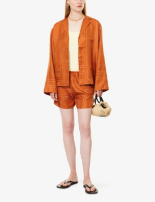 Totême Womens Terracotta Embroidered Monogram Embroidered Silk Pyjama Shorts In Brown