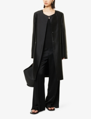 Totême Womens Collarless Tailored Long Silk Coat Black