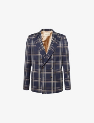 VALENTINO GARAVANI: Check-Print Peak-Lapels Wool And Cotton Blazer
