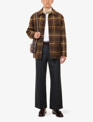 Valentino Checked Fringed Virgin Wool Jacket In Brown