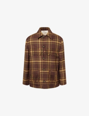 Valentino Checked Fringed Virgin Wool Jacket In Brown