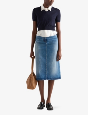 PRADA WOMENS BLUE FLARED FADED-WASH DENIM MIDI SKIRT 