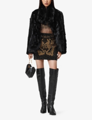 Allsaints Womens Black/gold Jamilia Butterfly-embellished Woven Mini Skirt In Black