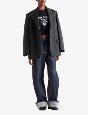Prada Womens Blue Logo-text Round-neck Wool-cashmere Knitted Sweater In Blue