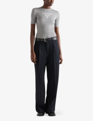 PRADA: Logo-Intarsia Crew-Neck Silk Knitted Top
