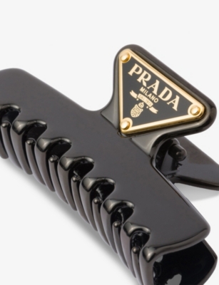 Prada Womens Black Triangle-logo Metal Brass Claw Clip