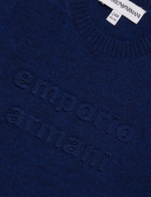 Emporio Armani Naval Academy Embossed-branding Crewneck Wool-blend Jumper 6-36 In Blue
