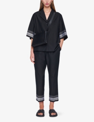 Joseph Womens Tottenham Jacquard-stripe Straight-leg Cotton And Silk-blend Trousers Black