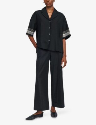 Joseph Womens Leopold Embroidered-stripe Short-sleeve Cotton And Silk-blend Blouse Black In Black