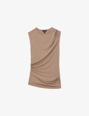 Reiss Womens Dani Ruched-shoulder Sleeveless Stretch-jersey Vest Mocha Brown In Brown