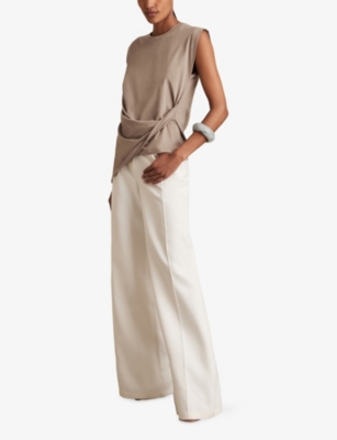 Reiss Womens Taupe Neutral Tilly Crewneck Draped Cotton T-shirt In Nude