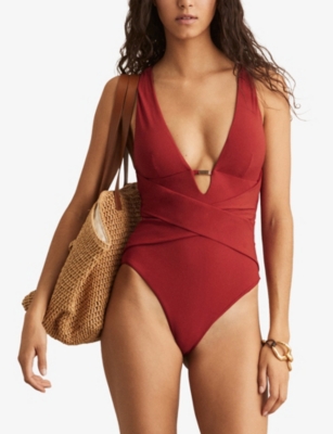 REISS: Maya Plunge-Neck Bar-Embellished Stretch-Woven Swimsuit