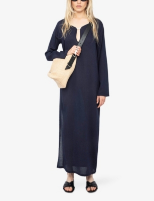Zadig & Voltaire Womens Encre Delia Brooch-embellished Long-sleeve Cotton-blend Maxi Dress