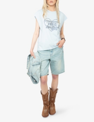 Zadig & Voltaire Womens Cloud Cloe Rhinestone-print Short-sleeve Cotton T-shirt Xs In Blue
