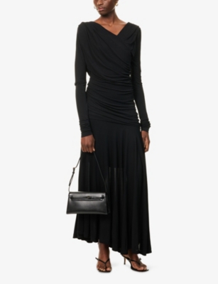 Ganni Interlock Jersey Crossover Ruched Long Dress Dresses Black In Black