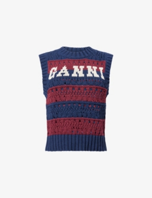 GANNI: Striped Crop Cotton-Blend Vest