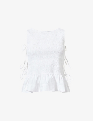 GANNI: Shirred Scoop-Neck Cotton-Poplin Top