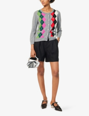 Ganni Womens Paloma Melange Rhombus-print Round-neck Wool And Cashmere Cardigan