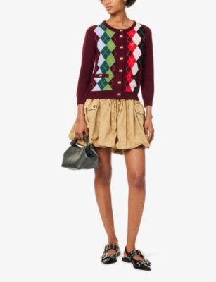 Ganni Womens Tawny Port Rhombus-print Round-neck Wool And Cashmere Cardigan Xl