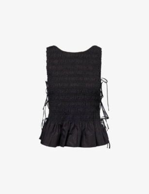 GANNI: Smocked Round-Neck Cotton Top
