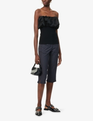 Ganni Black Ribbed Knit Top With Off-shoulder Design In Black